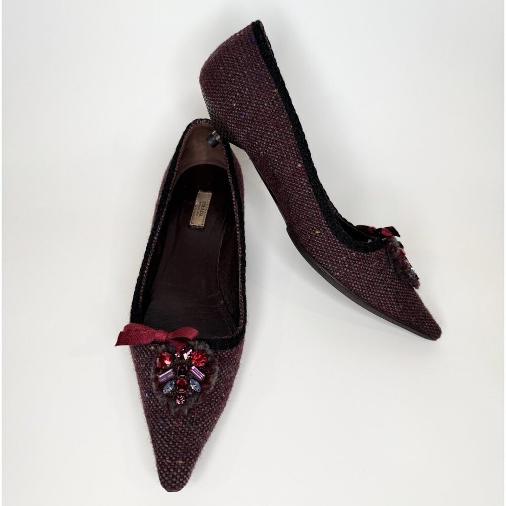 Vintage Prada 36.5 Burgundy Tweed Leather Kitten Heels